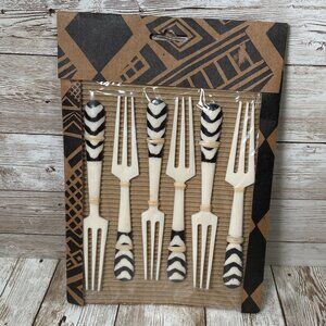 Set of 6 BANANA BOX Hand Carved Olive Wood Cow Bone Forks Kenya Africa NEW